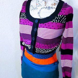 NWT SHU SHU WOMEN'S CROPPED SCOOP NECK BLACK, PURPLE & WHITE SWEATER